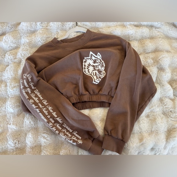 Darc Sport Sweaters - Darc Sport Brown Cropped Sweater with White Wolf Graphic